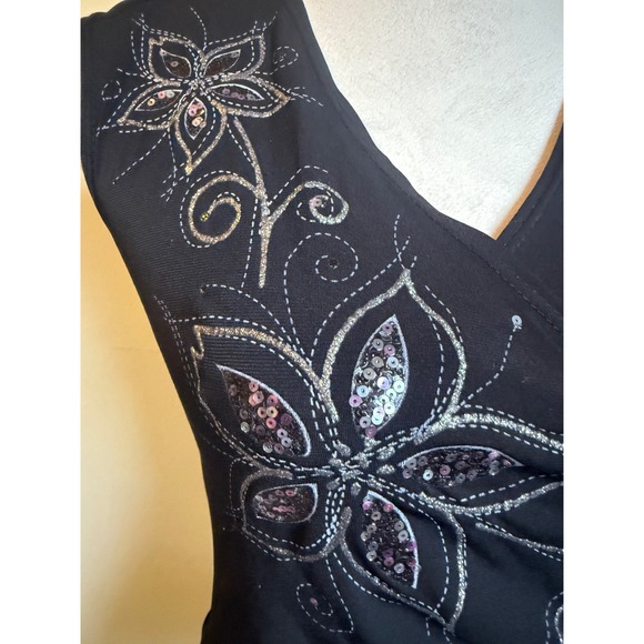 Wild Cat Black Sleeveless Rhinestone Sequin Floral Top Small Y2K whimsi fairy - Picture 2 of 4